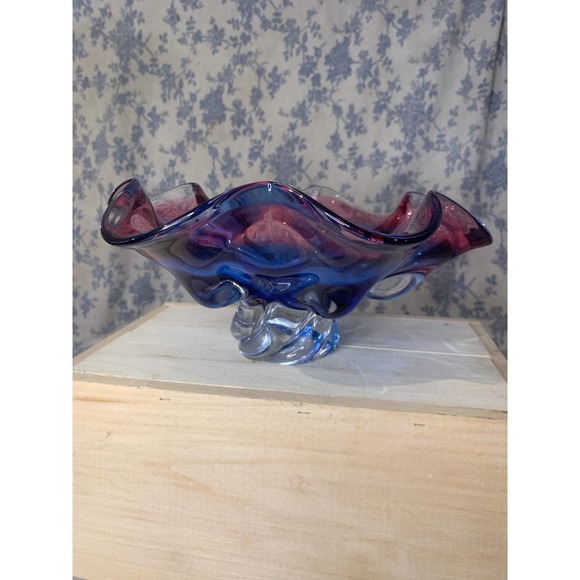 Pink Blue Hand Made 10" Glass Pedestal Bowl Bohemia Czech Republic Glass MCM - Picture 6 of 12